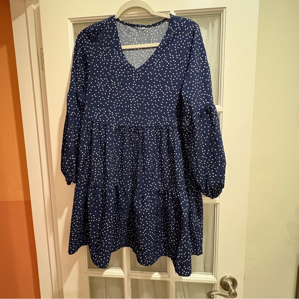 Amazon Blue and White Tiered Sundress with Bishop Sleeves